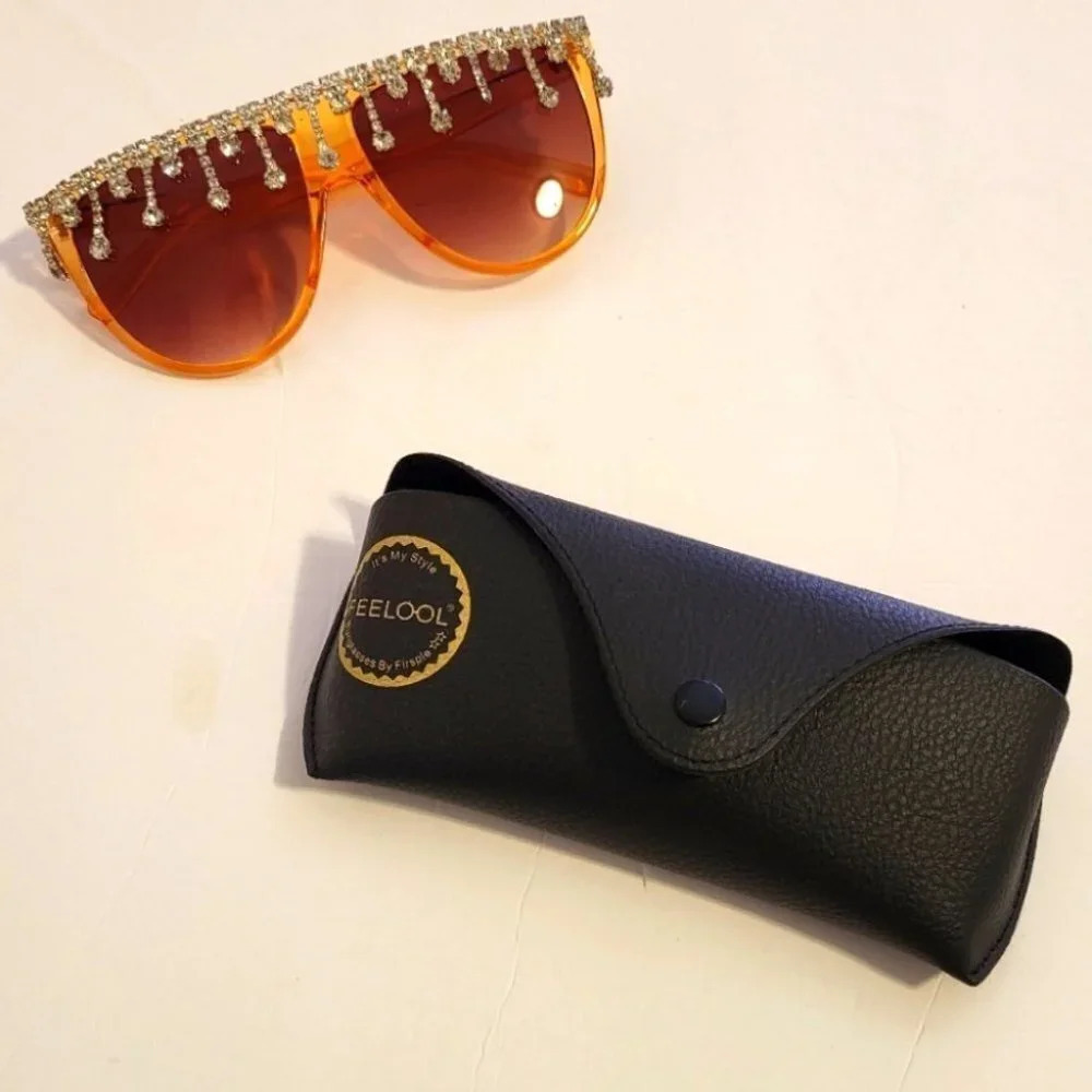 Women Round Oversize Rhinestone Crystal Drip Fashion Sunglasses by FEELOOL